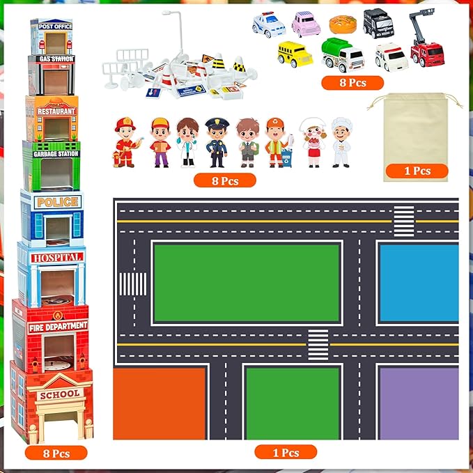 Cinrobiye Community Helpers Sorting and Stacking Set with Wooden Figures Traffic Signs Vehicles Modern City Mat Vehicle Preschool Learning Montessori Game Nesting Boxes for Boys Girls Birthday Gift