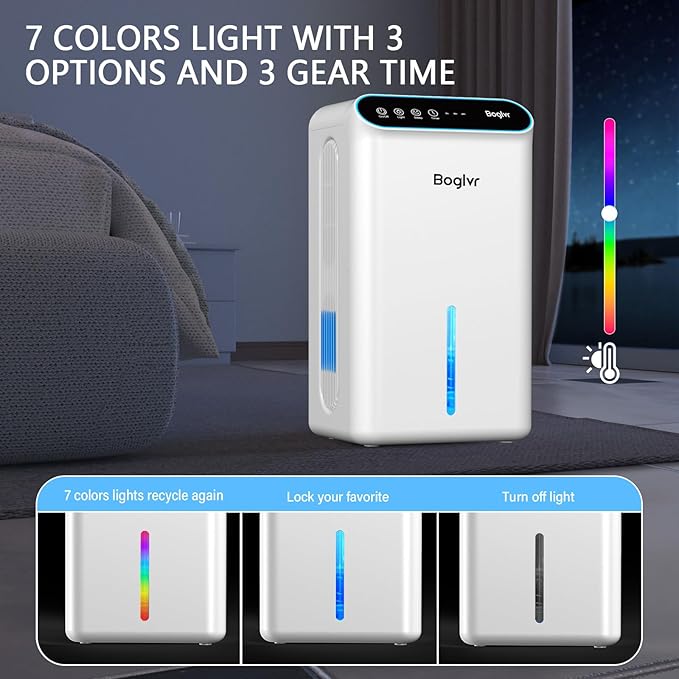 Dehumidifier for Home, 85 OZ Water Tank, (800sq.ft) Small Dehumidifiers for Bathroom Bedroom Basement with Drain Hose, Auto Shut Off, 3 Gear Timer, Sleep Mode, 7 Colors LED Light