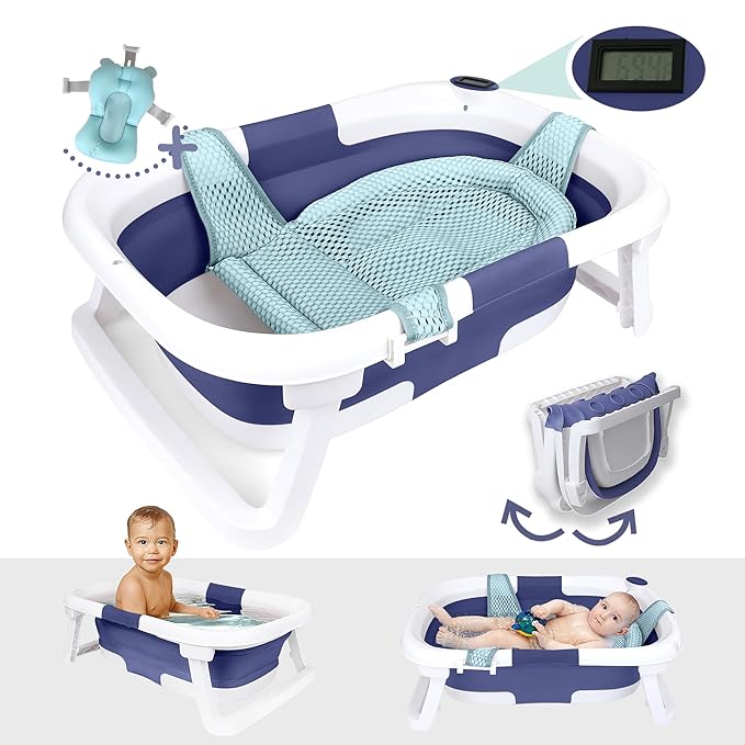 BEBELEH™ Collapsible Baby Bathtub with Thermometer – Bathtub + Baby tub Sling + Newborn Sling – Baby Bathtub Newborn to Toddler 0-24 Months – The Ultimate Baby Bath tub! (with Thermometer,Blue)