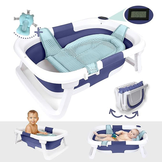 BEBELEH™ Collapsible Baby Bathtub with Thermometer – Bathtub + Baby tub Sling + Newborn Sling – Baby Bathtub Newborn to Toddler 0-24 Months – The Ultimate Baby Bath tub! (with Thermometer,Blue)