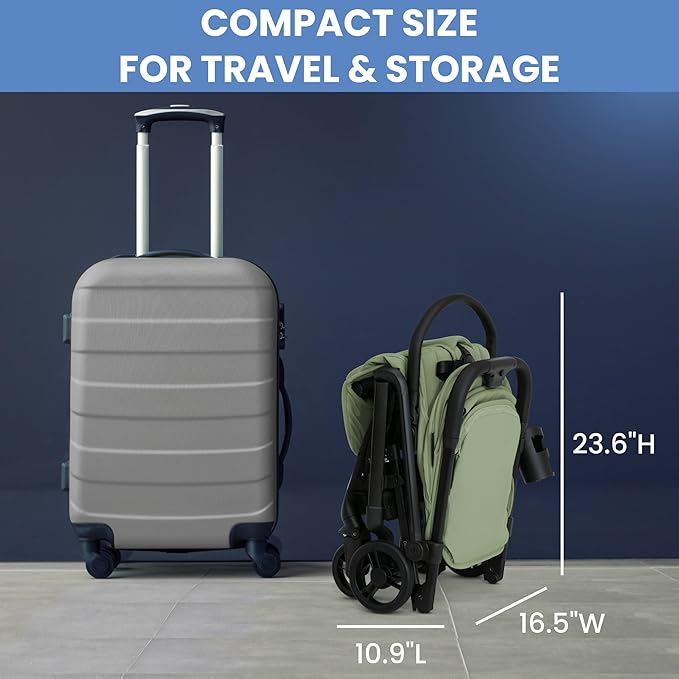 Delta Children Icon Ultra Compact Lightweight Everyday & Travel Stroller - One-Hand Fold - Only 15.6 lbs- Fits in Overhead Compartments - Greenguard Gold Certified - Multi-Position Recline, Sage Green