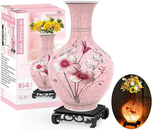 3D Puzzles Vase for Adults, Crafts for Adults, 164 Pieces Plastic DIY Unique Flower Vase with LED Light House Warming Gift Birthday Gifts for Flower Arrangements and Home Decor (Pink)