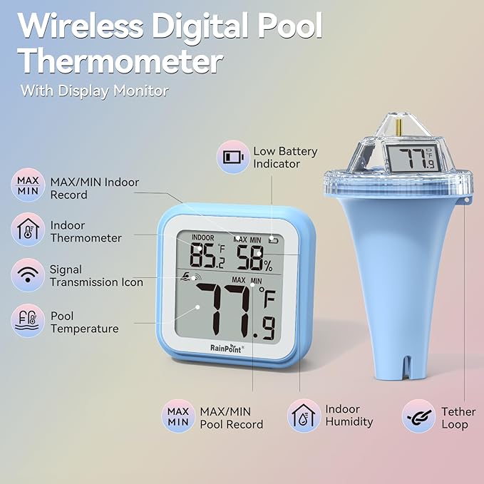 RAINPOINT Anti-Fog 360° Reading 3 Large Letters Displays Wireless Digital Pool Thermometer Floating,Dual-Layer IP68 Waterproofing Remote Temperature Monitor Easy Read Hot Tub SPA Inflatable Pool-Blue