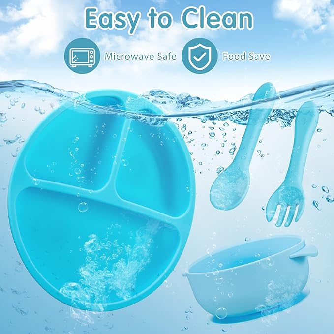 Chengu 12 Pcs Silicone Bowl with Suction Set for Baby Toddler with Suction Plate, Spoon and Fork, Divided Design Baby Feeding Utensils Weaning Kit, Dishwasher and Microwave Safe