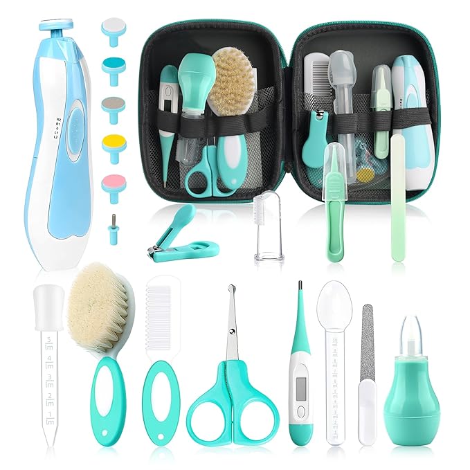 Baby Grooming Kit, Electric Safety Nail Trimmer Baby Nursery Kit，Infant Safety Care Set with Hair Brush Comb Nail Clipper Nasal Aspirator,Baby Essentials Kit for Newborn Girls Boys (20 Pc Green Kit)