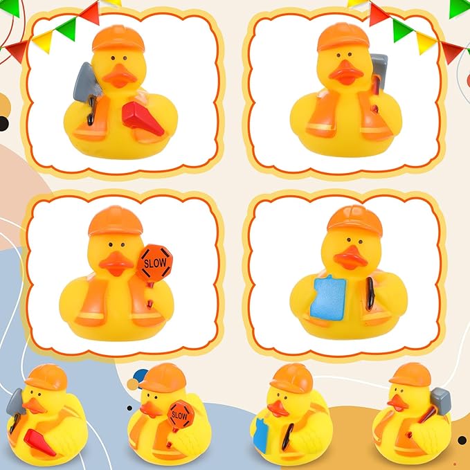 Jexine 24 Pieces Rubber Ducks 4 Styles Assorted Rubber Fun and Adorable Gifts Birthday Party Supplies Bathtub Floating Ducking Reward Gift Bag Filler(Construction Style)