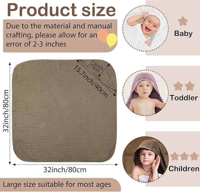 Peryiter 4 Pcs Muslin Hooded Baby Towels, 32"x 32" Cotton Newborn Bath Towel Muslin Infant Baby Blankets Absorbent Unisex Christmas Registry Gift Essentials for Girls Boys (Coffee)