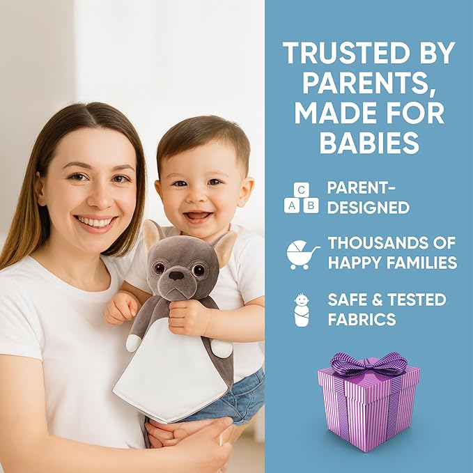 Baby Sleep Soother Taupe Bulldog Plush with Heartbeat & Lullaby Sounds, 4-in-1 Sound Machine, Security Blanket & Pacifier Holder, Baby Registry Essential & Christmas Gift for Newborns & Infants