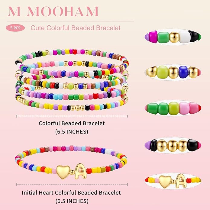 M MOOHAM Stocking Stuffers for Kids Girls Teen - 5PCS Colorful Beaded Initial Bracelets for Women Girls, Cute Stretch Heart Letter Bohemian Stackable Bracelet Birthday Gifts Jewelry for Kids Teen Girl