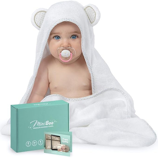 MINIBOO Hooded Baby Towels for Newborn - Super Soft Baby Bath Towels with Hood, Highly Absorbent Viscose Made from Bamboo Hooded Towel for Infant, Toddler and Kids, Baby Essentials
