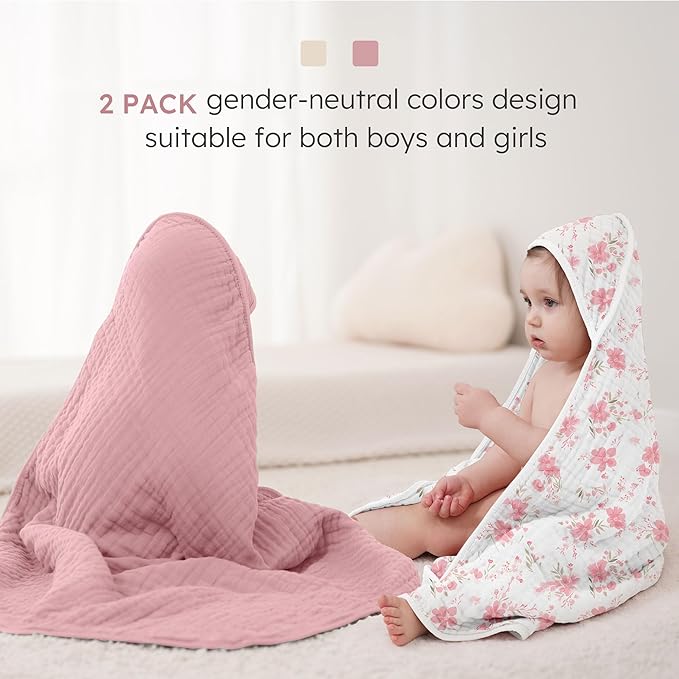 Looxii Baby Bath Towels 2 Pack Muslin Hooded Baby Towels for Newborn and Infants, 100% Cotton, Large 32x32Inch, Soft and Absorbent Pink+Flowers