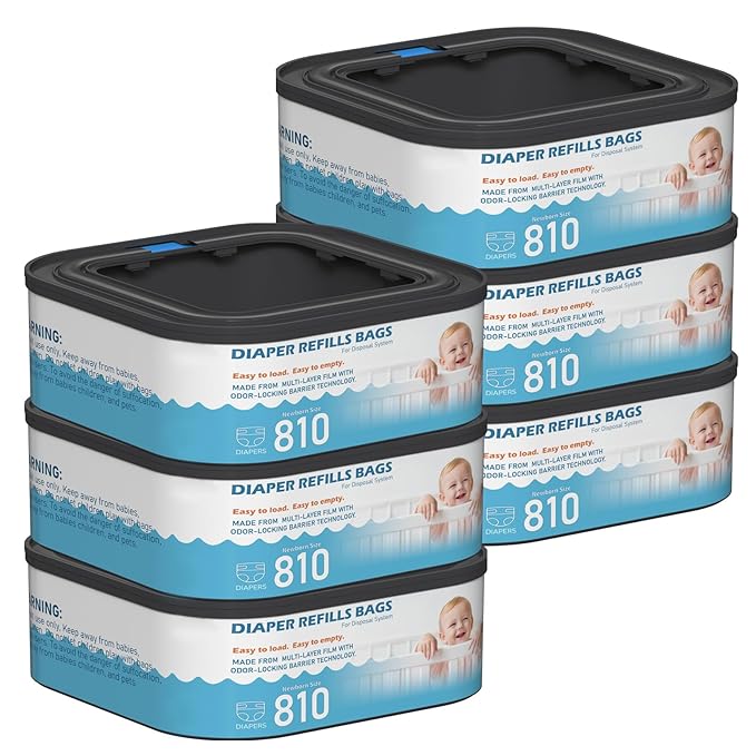 Jumbo Square Refills Disposal Bags Refill Compatible with Diaper Genie Classic, Compact and Select Pails, Hold Up to 810 Newborn-Sized Diapers Per Refill, Pack of 6