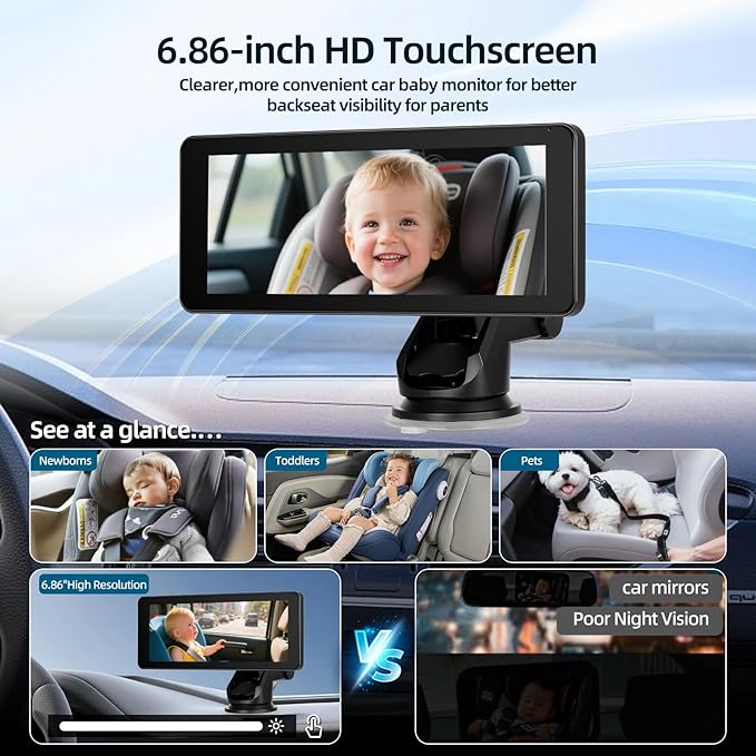 6.86 Inch Carplay Screen for Baby Monitor - 1080P Portable Car Stereo with Baby Car Camera/Wireless CarPlay/Android Auto/Night Vision/150° Wide Angle/AirPlay/GPS Navigation + 64G Card, Easy to Install