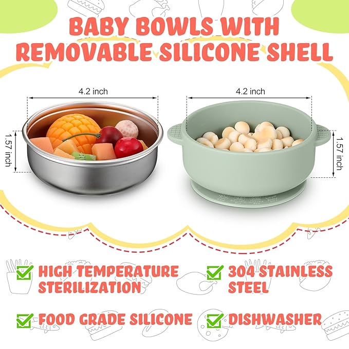 Nuogo 6 Pcs Stainless Steel Baby Bowls with Removable Silicone Shell 304 Toddler Bowls Kids Anti Scald Snack Container for Food Feeding, Dishwasher Safe(Vivid Color,Suction-a)