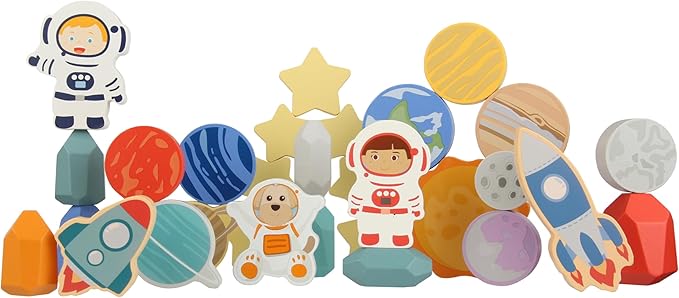 Toddler 30 Piece Stacking Wood Blocks Space Gift - Montessori 2 Year Old Fine Motor Skills Toy Learning Stacking Shape Sorter Sensory Preschool Busy Journey to the Moon (Book and Block Set, Wood)