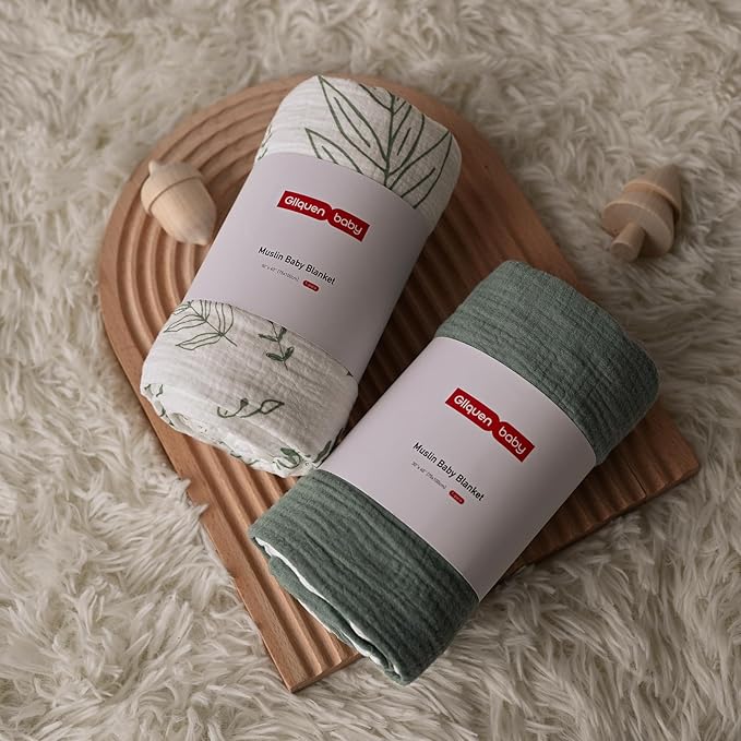 GLLQUEN BABY Blankets for Unisex Boys Girls, 2-Pack Muslin Cotton Front Soft and Breathable, and Dotted Fleece Backing, Printed Bed Nursery Minky Blankets for Toddler Newborn, Greenery,30 x 40 inches