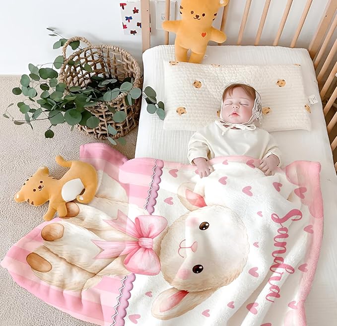 Personalized Baby Blanket for Girls, Custom Baby Blanket with Name, Soft Cozy Personalized Name Blankets for Kids, Customized Sheep Blanket for Infant Toddler Birthday Christmas