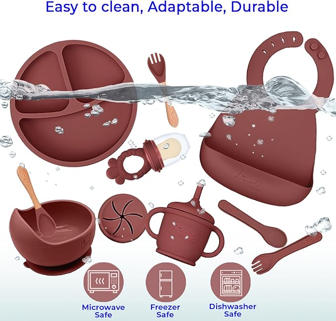 Silicone Baby Feeding Set – 10 Pcs Baby Led Weaning Supplies & Self Feeding Kit | Toddler Plates and Bowls Set, Bib, Fruit Feeder, Cup, Spoons & Forks – Empower Independence with LimeOr - Red-Wine