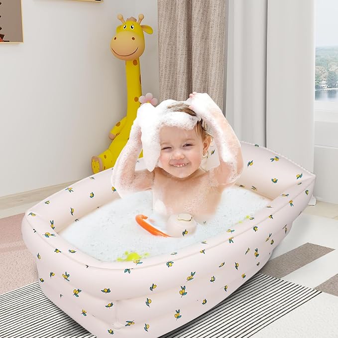 Inflatable Baby Bathtub with Built-in Air Pump, Portable Bathtub for Babies 1-5 Years Old, Small Ball Pool, Foldable Bath Tub for Travel, 30.7 x 14.6 Inch (Orange)