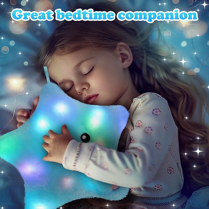 WEWILL 9'' LED Twinkle Star Soft Plush Pillow Toys Glowing Stuffed Star Light up Pillow Plush with Colorful Night Lights Birthday Gift for Toddler Kids(Blue)