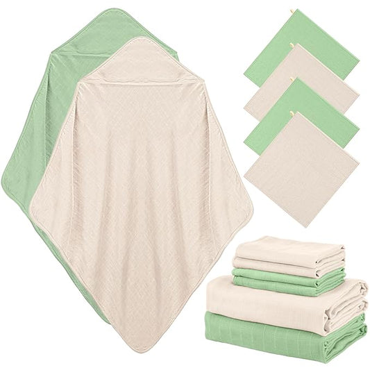 Preboun 6 Pcs Muslin Hooded Baby Towels and Washcloths 32"x 32" Cotton Newborn Bath Towel Anti-Shrink Infant Baby Blankets with Hood 12"x 12" Washcloths for Girl Boy Toddler(Ivory,Green)