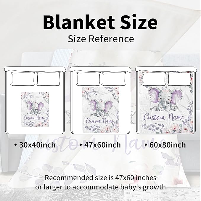 Custom Name Baby Blanket – Double-Layer Dotted Backing Flannel Swaddle – Elephant and Flower Theme for Newborns and Toddlers