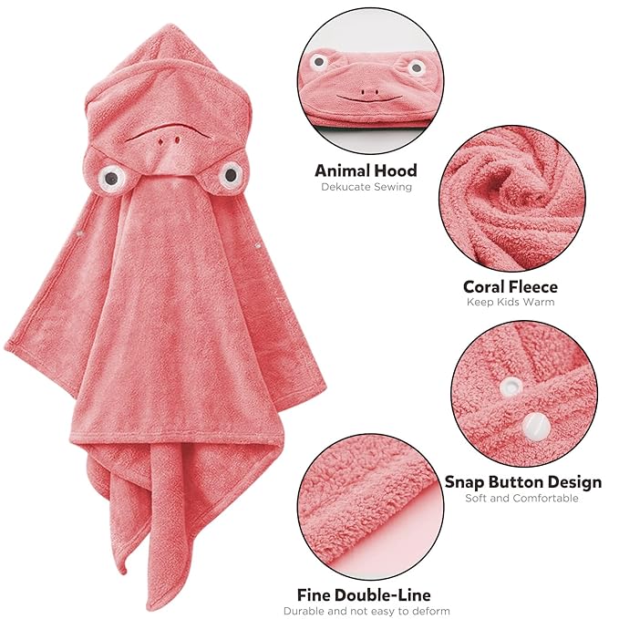 ROMASA Baby Bath Towel Ultra Soft Hooded Towel Highly Absorbent Bathrobe Blanket Toddlers Shower Gifts for Boys Girls-27.5" x 55" (Pink-flog)