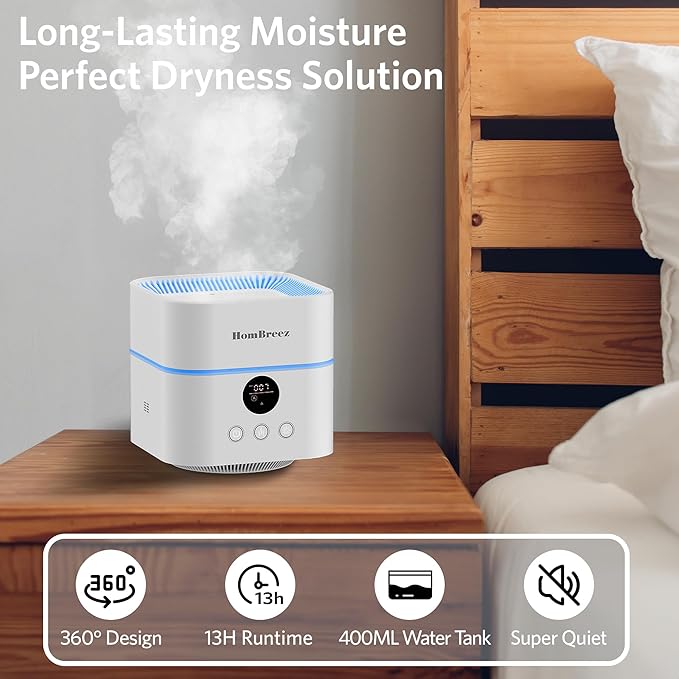 Air Purifier and Humidifier Combo for Bedroom, Covers Up to 200ft², H13 True HEPA Filter, 500ML Water Tank, Quiet Cool Mist Top Fill Essential Oil Diffuser for Baby, Pet Room, APP Control
