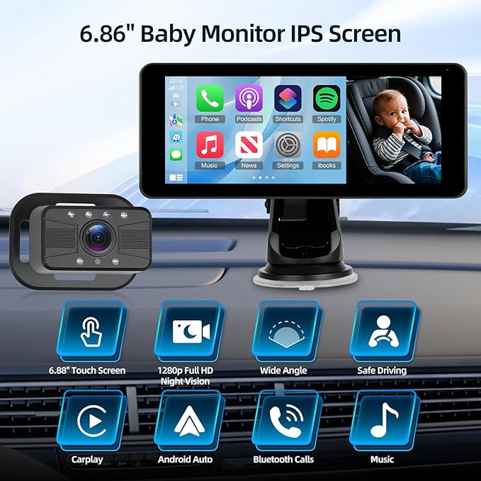 6.86 Inch Carplay Screen for Baby Monitor - 1080P Portable Car Stereo with Baby Car Camera/Wireless CarPlay/Android Auto/Night Vision/150° Wide Angle/AirPlay/GPS Navigation + 64G Card, Easy to Install