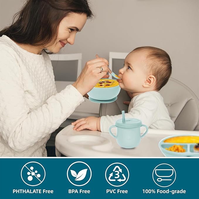 100% Silicone Baby Feeding Set,BPA Free Baby Dishes Set with Suction Bowl Divided Plate,Toddler Self Feeding Dish Set with Spoons Forks Sippy Cup and Bib, Baby Eating Utensils(Light Blue)