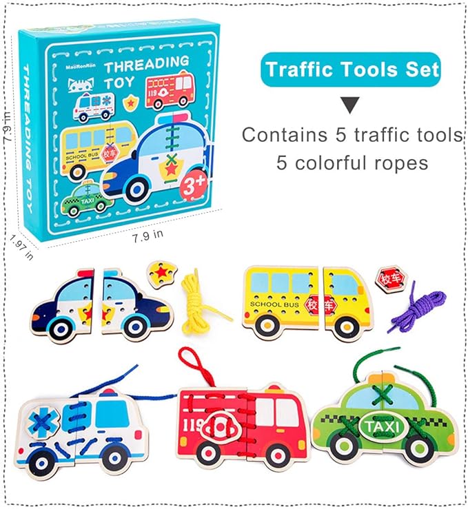 Promise Babe 5 Pack Lacing Cards Wooden Cars Block Puzzle Threading Toys Montessori Toy Sewing Cards for Toddler Educational Preschool Toys…