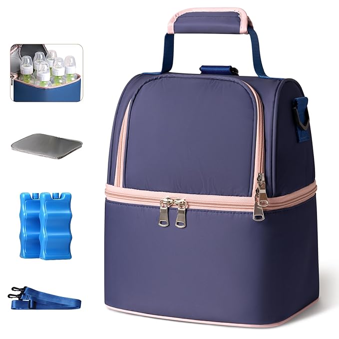 NCVI Breastmilk Cooler Bag with 2 Ice Pack, Breast Pump Bag with Cooler Fits 6 Bottles, Double Layer Breast Milk Baby Bottle Cooler Bag, for Travel, Nursing Mom Daycare, Work, Picnic (Purple)