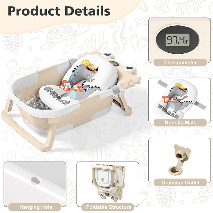 Collapsible Baby Bathtub for Newborns with Thermometer and Soft Floating Cushion Portable and Foldable Travel Baby Boy Bath Tub for Infants to Toddler 0-36 Month (Beige)