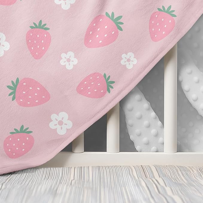 Strawberry Minky Baby Blanket 30 x 40 Inches for Girls, Soft Plush Receiving Blanket with Dotted Back, Gift for Toddler Newborn Infant Christmas Birthday Baby Shower