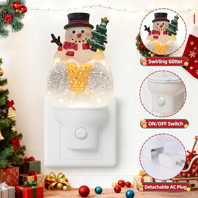 Christmas Snowman Night Light Plug into Wall Swirling Glitter USB Portable Christmas Decorative Night Light Decoration for Bedroom Kitchen Living Room Holiday Decor (Snowman Cookie Cone)