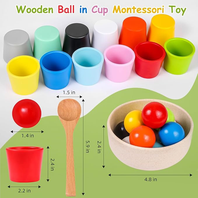 Rainbow Balls in Cups Toddler Montessori Toys - Color Sorting Toys for Toddlers for 3 Year Old Up, Learning Color Sorting and Counting, Kids Preschool Wooden Matching Games (12 Balls, 1.4 in)