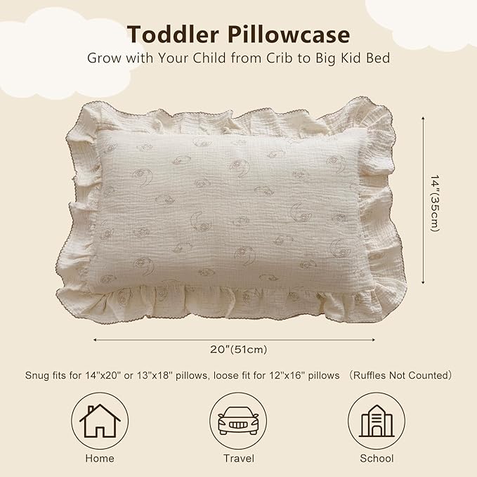 BuLuTu Muslin Toddler Pillow Case, 14"x20", Envelope Closure, 100% Cotton, Girls Boys Pillow Cover, Cute Sheep Pattern Kids Pillowcase Fit for Pillows 12"x16"/13"x18"/14"x19", 1 Pack