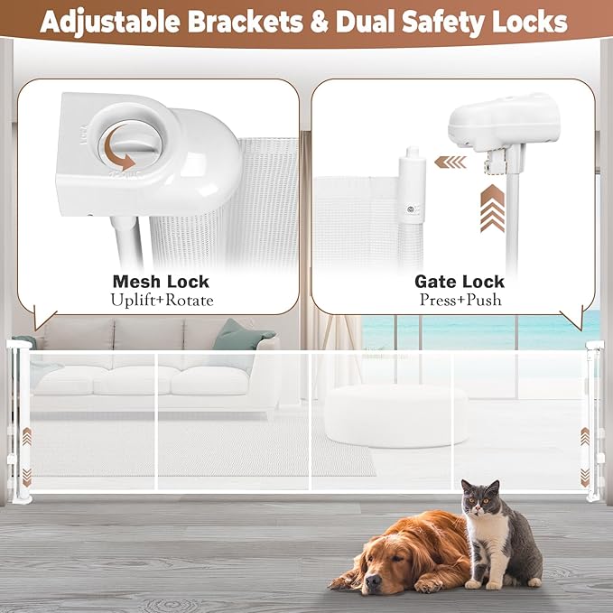 160" Retractable Baby Gate Extra Wide, 41" Tall Retractable Dog Gate for Stairs, Doorways, Decks, Mesh Gate Long Child Gate Pet Gate for Indoor, Outdoor, with Reinforced Mesh Rods, Dual Locks