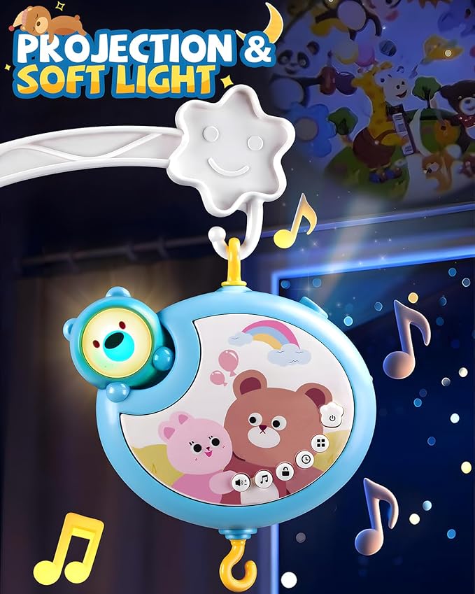 Crib Mobile With Music And Lights, Mobiles For Cribs, Baby Mobile Arm Toys Hanging For Bassinets Girls Boys, Nursery Musical Space Portable Infant Mobiles Clip On Pack And Play Hanger 0-6 Months