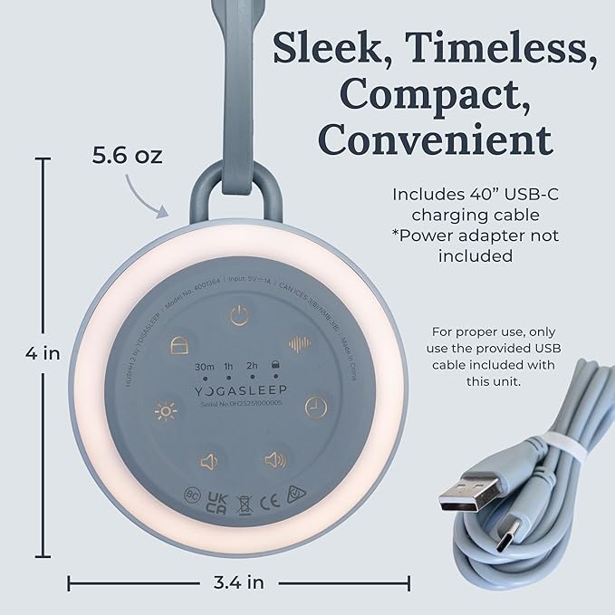 Yogasleep Hushh 2 Portable Sound Machine for Baby & Kids, New Reinforced Clip, Backlit Buttons, Night Light, 6 Soothing Natural Sounds, Easy to Use Timer, Volume Control, Toddler Lock, Noise Canceling