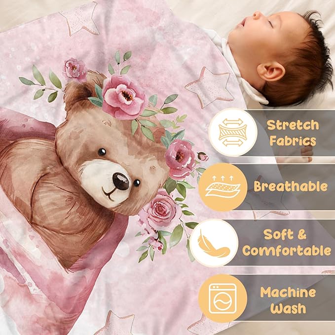 Custom Baby Blanket for Girls, Personalized Baby Blankets with Name, Soft Flannel Double Layer Receiving Swaddle Blanket, Pink Heart Bear Monogram Birthday Gifts for Infants Toddlers(47"x60")