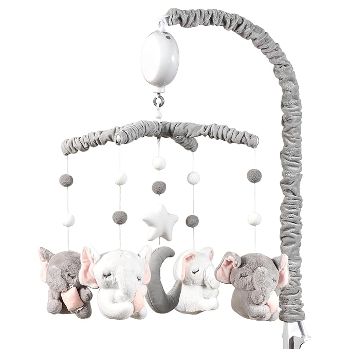 Baby Crib Mobile - Elephant Crib Mobile for Girls with 25 Inches Mobile Arm and 35 Lullabies Musical Box, 3 Modes Digital, Volume Control, Essential Gift for Infant Bedroom Hanging Decor