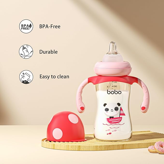 YOHKOH Natural PPSU Baby Bottle with Natural Response Nipple, Newborn Anti-Colic Baby Bottles with Handle, Wide Neck Mushroom Cap Baby Bottle (8.8oz (Pack of 2), Red)