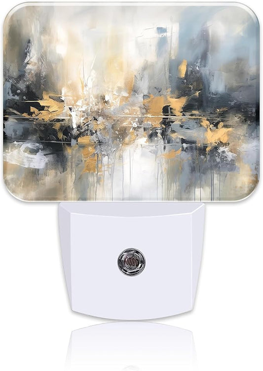 Modern Abstract Oil Painting Night Light, Gray Golden Painting Nightlight Plug into Wall with Dusk to Dawn Sensor for Kid Girls Boys Women Men Bedroom,Hallway,Kitchen,Bathroom,Stairs Decor