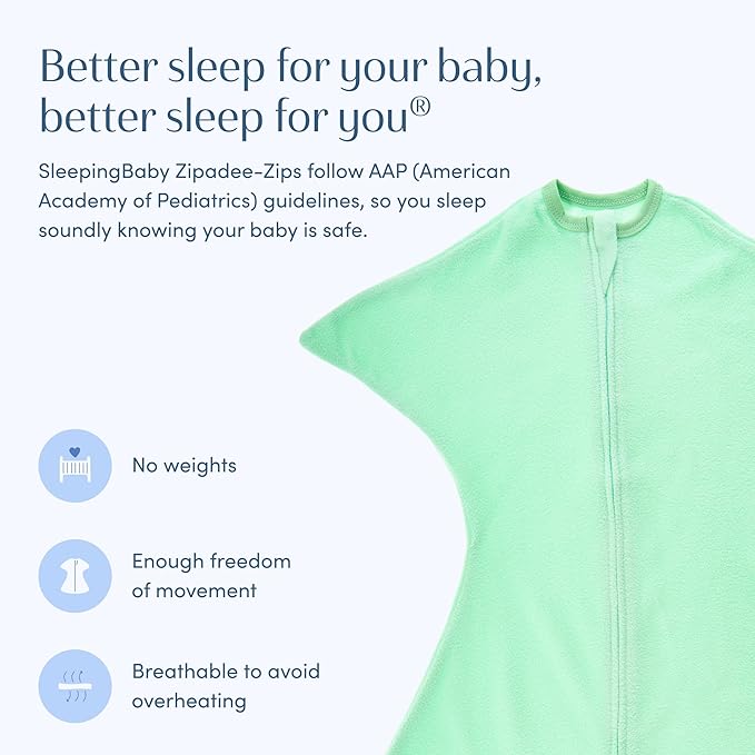 SleepingBaby Zipadee-Zip Transition Swaddle - Cozy Fleece Wearable Blanket with Two-Way Zipper for Baby Sleep - Mint, X-Small (3-6 Month)