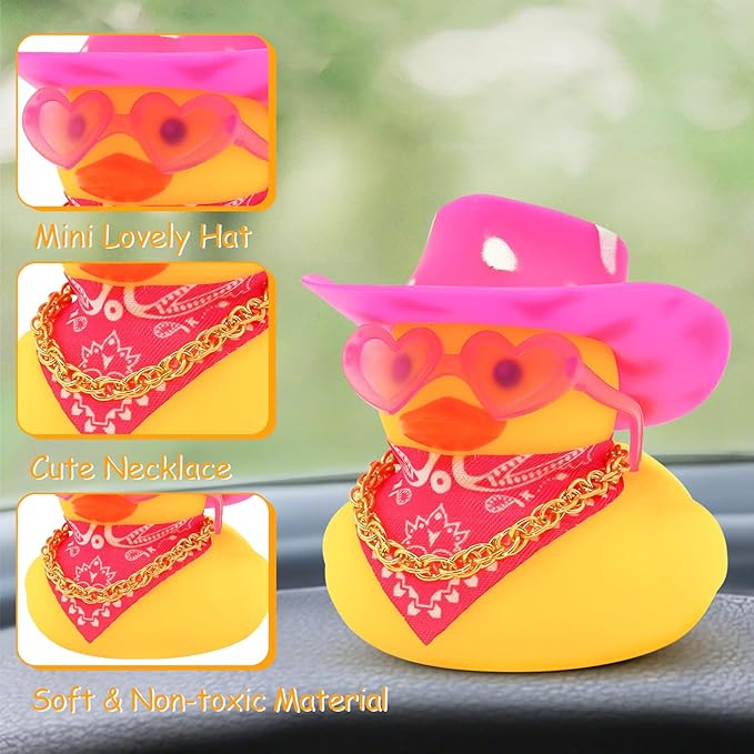 Quackly Pink Cowboy Rubber Duck, Car Dashboard Decoration Ducks with Cowboy Hat Necklace Sunglasses, Pink