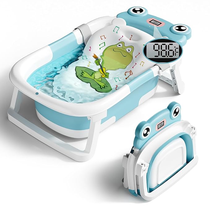 Baby Bathtub, Collapsible Newborn Bathtub for Infant to Toddler 0-24 Months with Soft Bath Net,Portable Travel Newborn Tub with No-Slip Feet, Baby Shower Gifts,Sky Blue