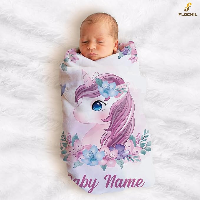 FLOCHIL Personalized Baby Blanket for Girls, Custom Baby Blanket with Name, Customized Baby Products, Gift for Baby, Newborn, Baby Shower (Unicorn)