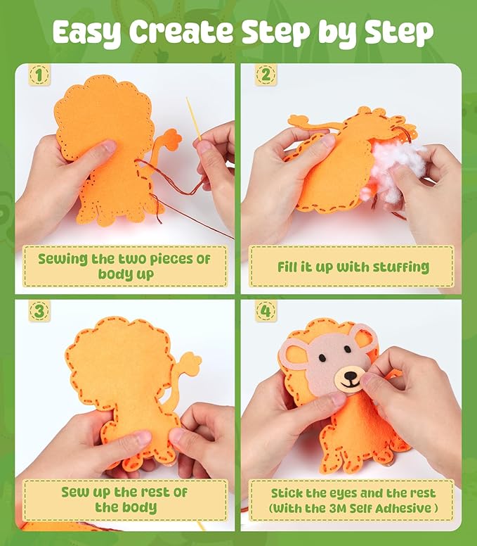 YEETIN Sewing Kit for Kids Ages 6+, Beginner Felt Sewing Craft Kit, DIY Jungle Stuffed Animals Making Set, Learn to Sew Gifts for Birthday