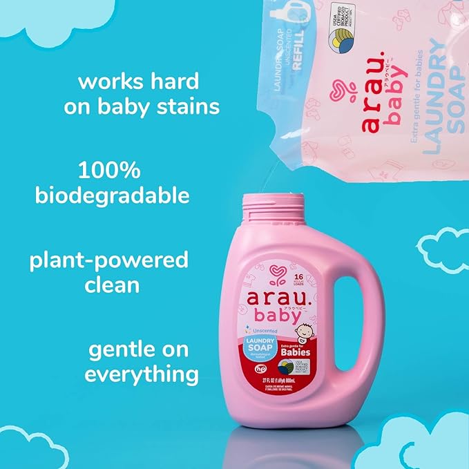 Arau Baby Laundry Soap Refill, Unscented, Plant Based Formula, Safe for Sensitive Skin, Baby Laundry Detergent with No Artificial Fragrance or Additives, Newborn and Baby Clothes, 24.3 Fl Oz